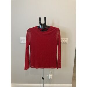 Red Sparkly Long Sleeve Holiday Blouse Tshirt Underneath With Sheer Sparkly Over